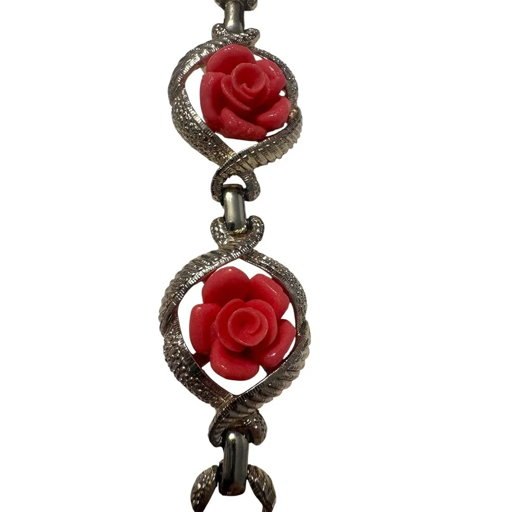Vintage Sarah Coventry Coral Rose Jewelry Set Necklace Bracelet Clip Earrings - Picture 8 of 15